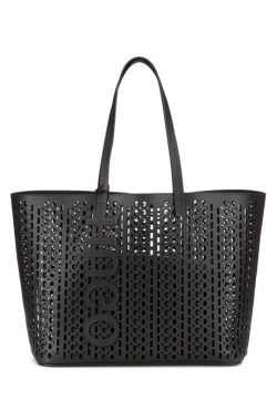 Italian-leather shopper bag with laser-cut logo pattern